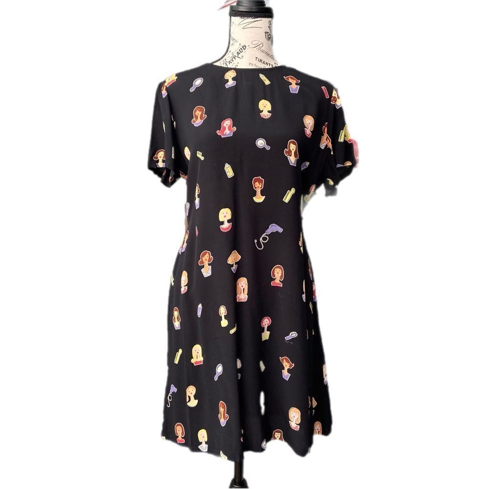 Vintage David Dart Black Dress with Colorful Cartoon Faces in Size Large Petite